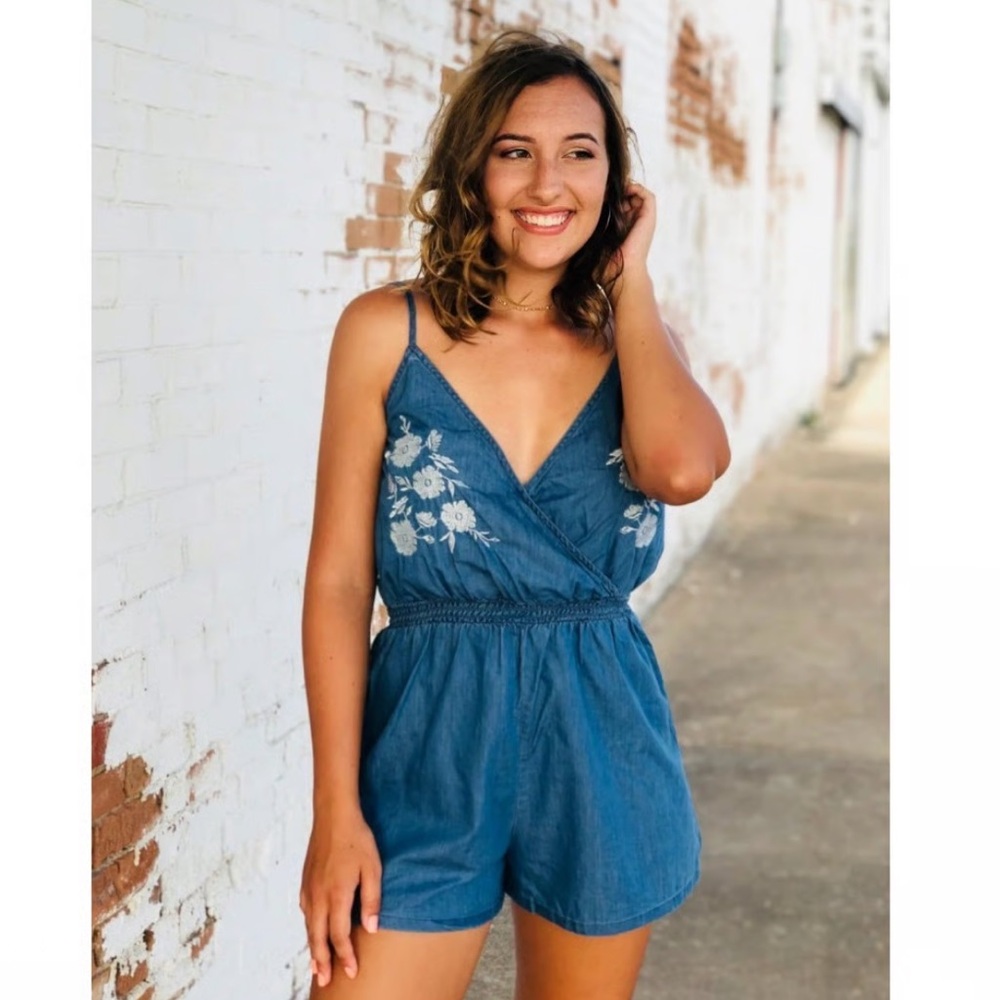 Love Tree Denim Romper with Embroidery
